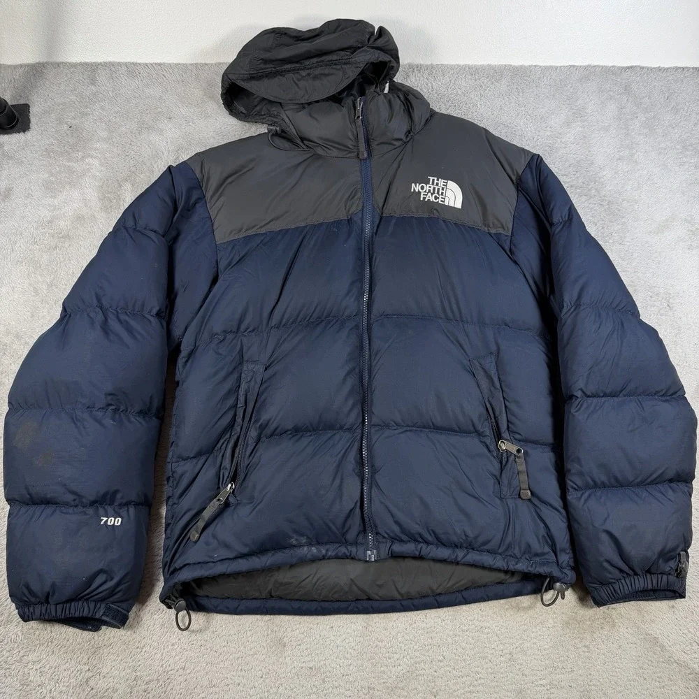 The North Face Jacket Mens Small Blue Down Puffer 700 Hooded Nuptse Nylon
